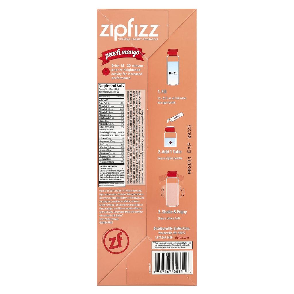 Energy Drink Mix, Peach Mango, 20 Tubes, 11G (0.39Oz) Each