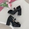 Fashion Women's Black Sexy Mary Janes High Heels 2024 Spring New Fashion Metal Decoration Thick Heel Thick Soled French Single Shoes