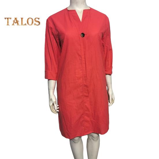 Женское осенне-летнее платье Свободное платье с V-образным вырезом и рукавами три четверти Трапециевидной формы Сплошной цвет с разрезом на пуговицах Декор Повседневная повседневная одежда Платье миди