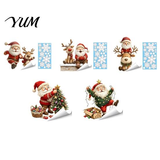 Christmas Window Clings Cling, Santa Claus and Reindeer PVC Decals, Waterproof Static Seasonal Store Display Glass Stickers for Holiday Home