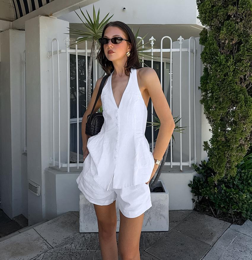 Summer neck sleeveless halter cardigan top high waist comfortable shorts two-piece fashion casual cotton suit women
