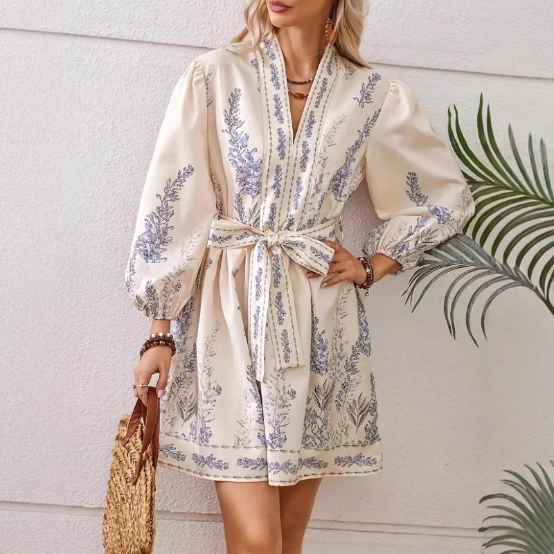 V-образный вырез модный принт талия длинный рукав платье для женщин