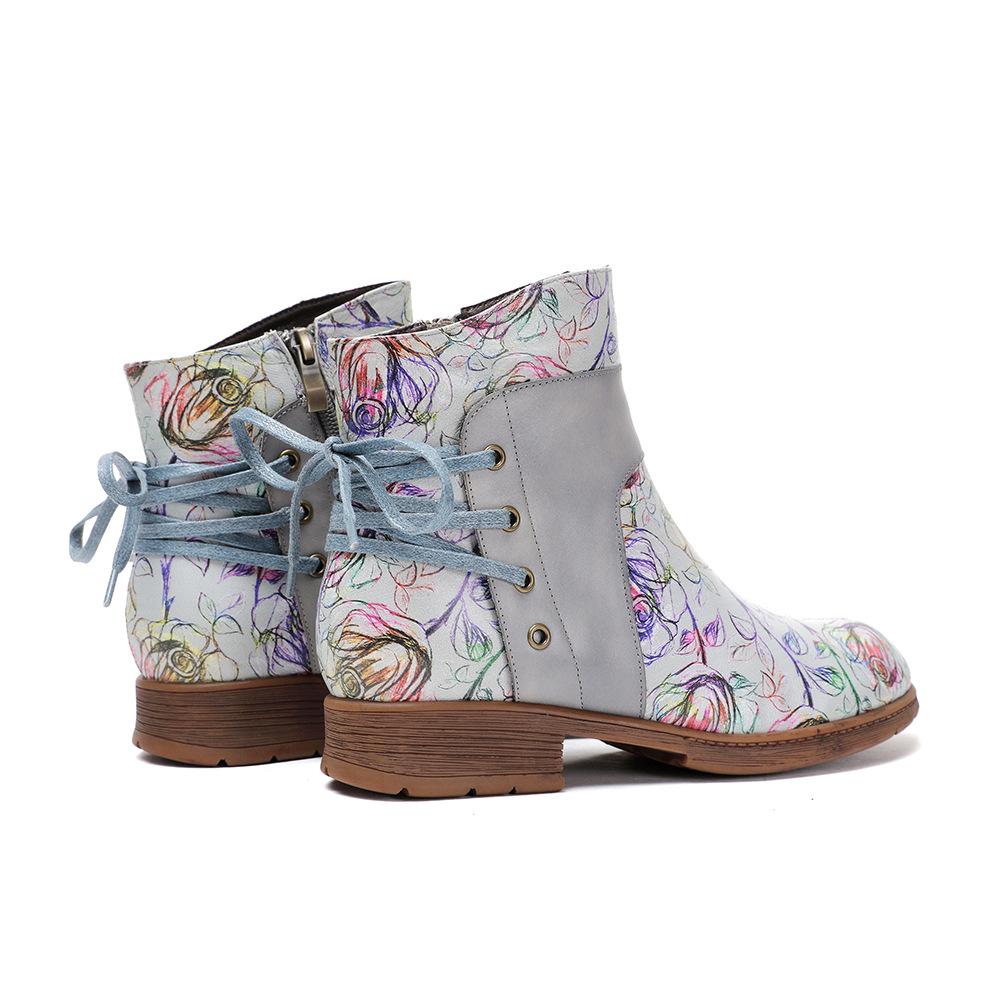 Johnature Genuine Leather Patchwork Printed Ankle Boots Women Shoes Ethnic Style Handmade Round Toe Short Boots