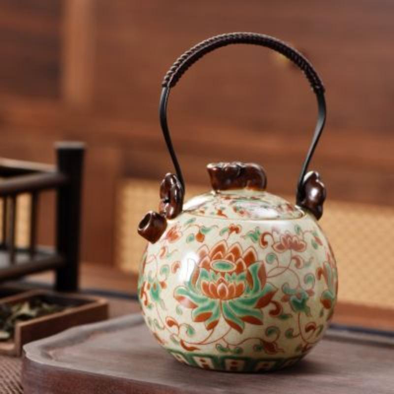 BEPAN 1PC Chinese Style Lotus Jackpot Ceramic Anti-scalding Teapot Kung Fu Household Tea Set with Gifts and Household Items