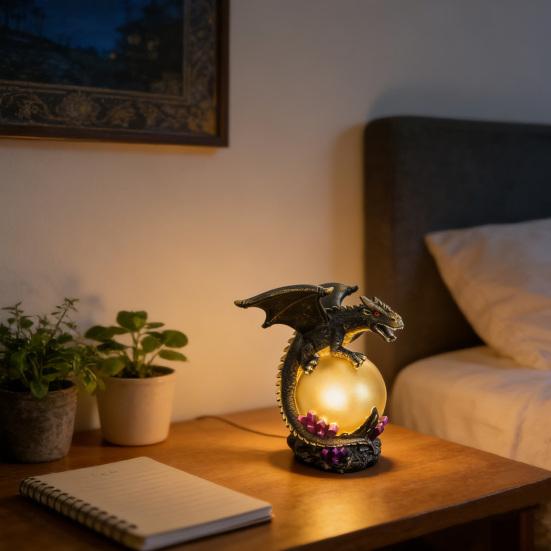 Gothic LED Table Lamp Raven's Moonlight/Pterosaur Desk Lamp Mysterious Crow/Dinosaur on Glowing Orb Sculpture for Halloween Fantasy Indoor Home Decor