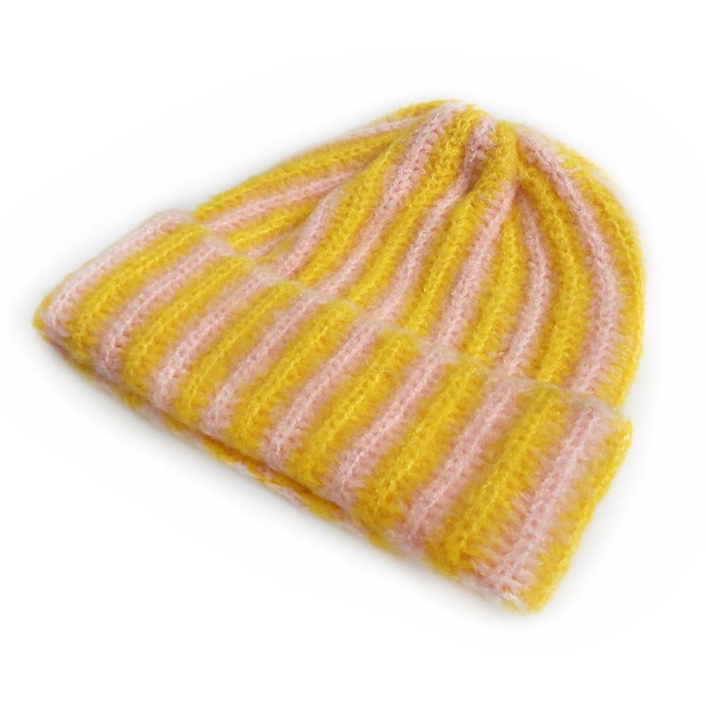 Color Blocked Ribbed Knit Cap Thick Warm Hat Brimless Striped Beanie Hat Outdoor