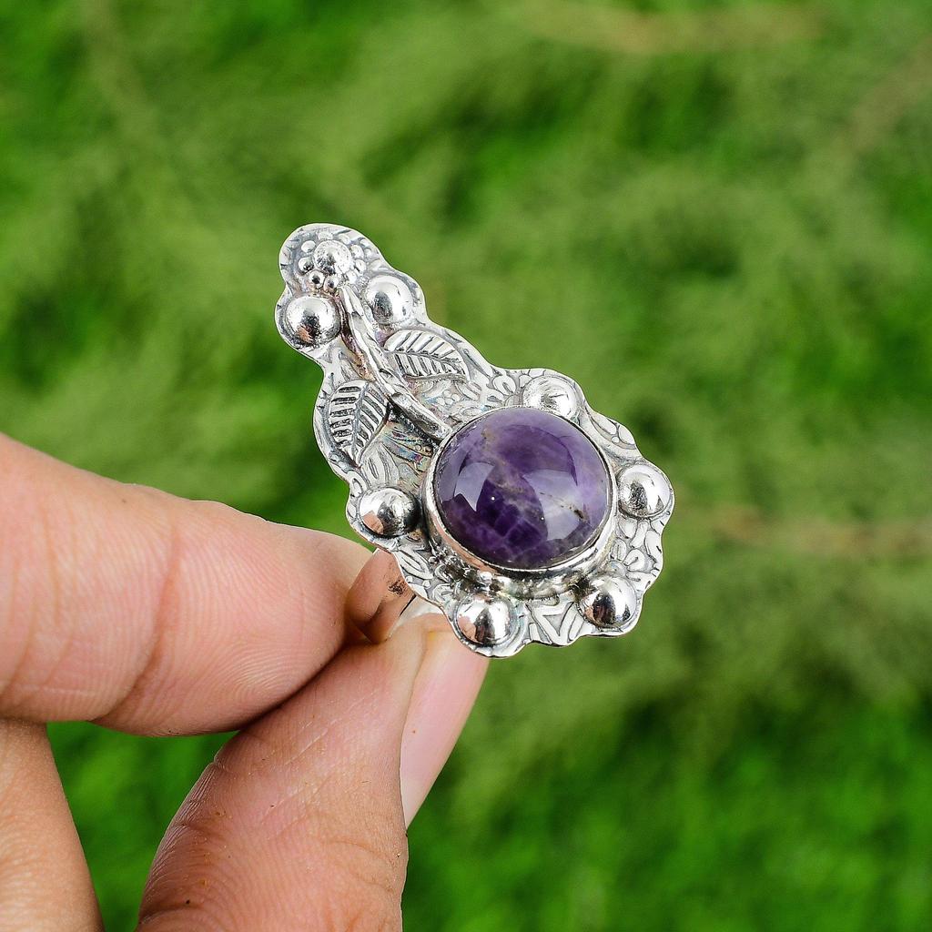 925 Sterling Silver Chevron Amethyst Stone Statement Artisan Flower Mother Ring