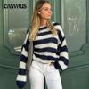 Winter Sweater Women's Round Neck Striped Loose Slouchy Long Sleeve Knitted Sweater