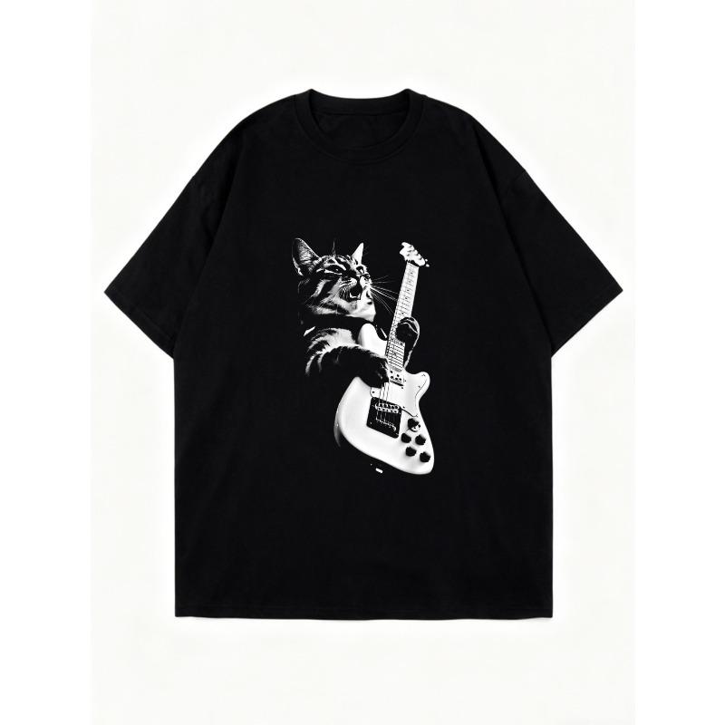 Футболка оверсайз с принтом черного кота, играющего на электрогитаре, повседневный уличный стиль, модный топ для женщин, летний наряд