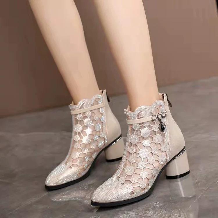 Women's Spring and Summer Hollowed Out Mesh Boots Breathable Mesh Martin Boots Versatile High-heeled Short Boots