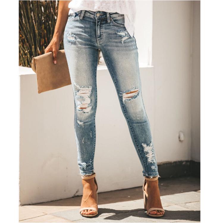 European And American Women'S Jeans Slim Fit, Revealing A Sexy Ripped Hole, Mid Rise Denim Pants