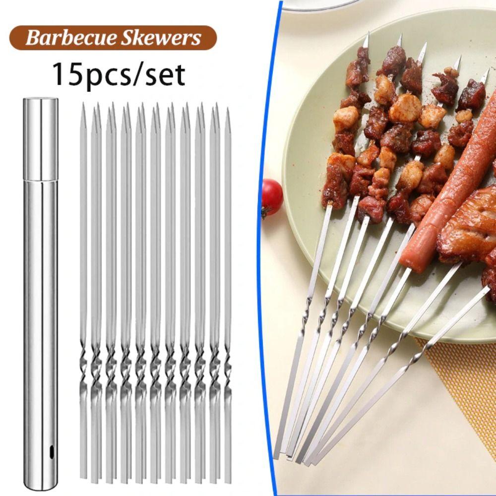 15 шт./комплект плоских шампуров для барбекю из нержавеющей стали, железные палочки для кебаба, новые шампуры для барбекю на открытом воздухе