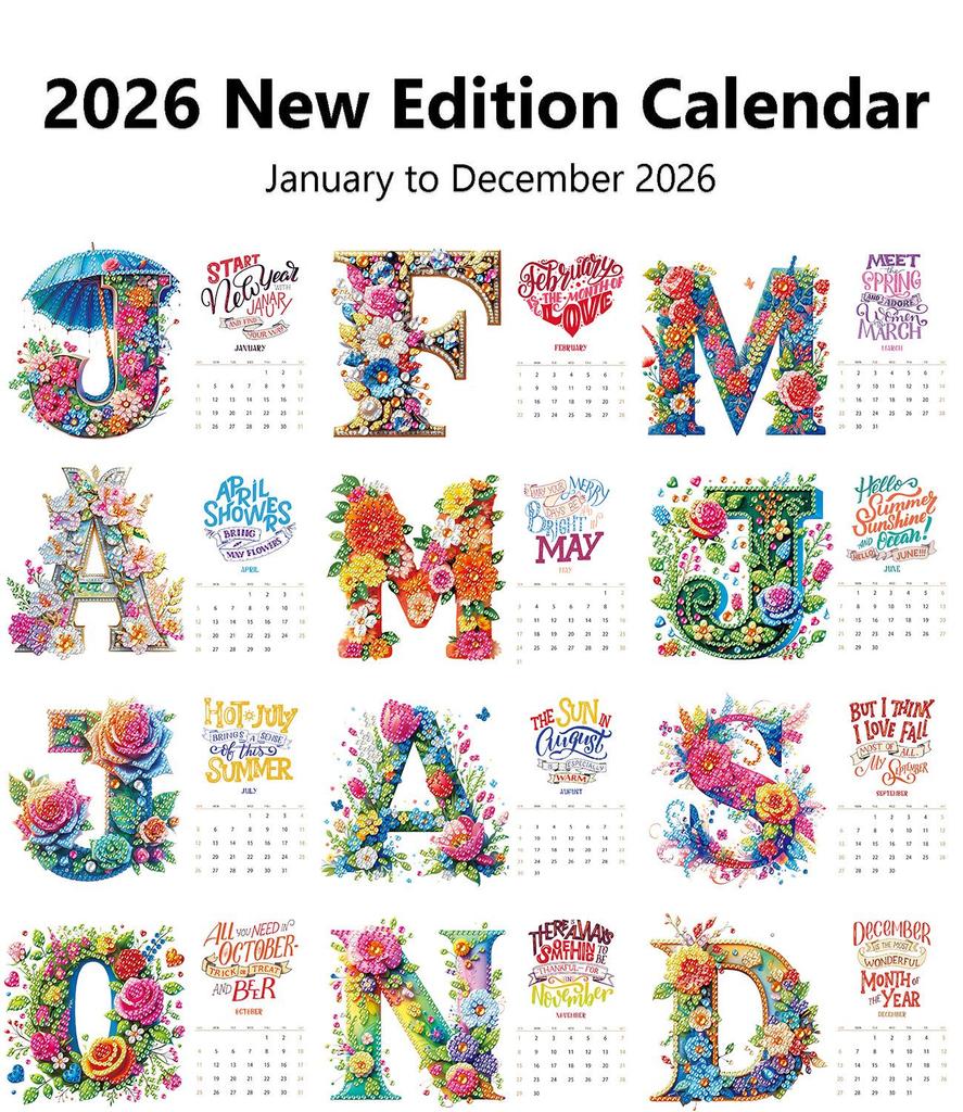 2026 DIY Diamond Painting 13-Page Desk Calendar with Cartoon Designs