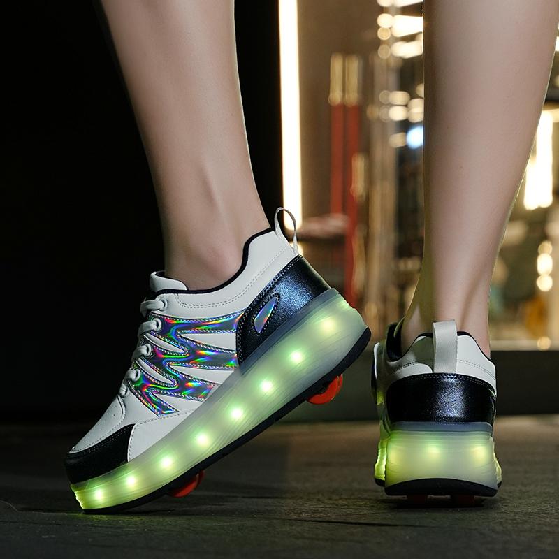 Четырехколесные детские туфли Heely с колесами, спортивная обувь с зарядкой через USB, светодиодная спортивная обувь для девочек, роликовые коньки