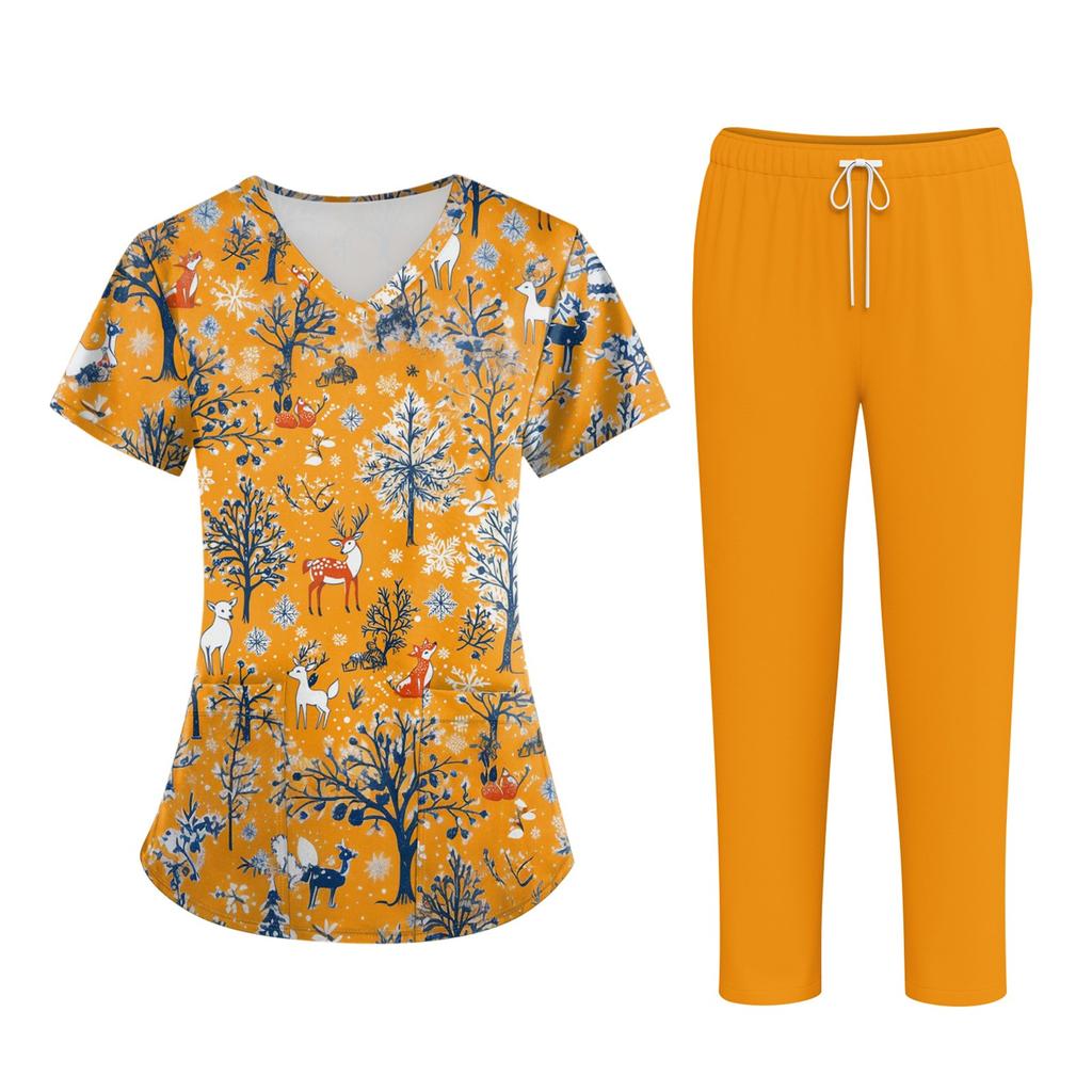 Плюс размерСкраб с принтом Рабочая форма Топы для женщин Крест V-образным вырезом Хэллоуин Принт с короткими рукавами Забавные футболки Спецодежда Футболка с карманами