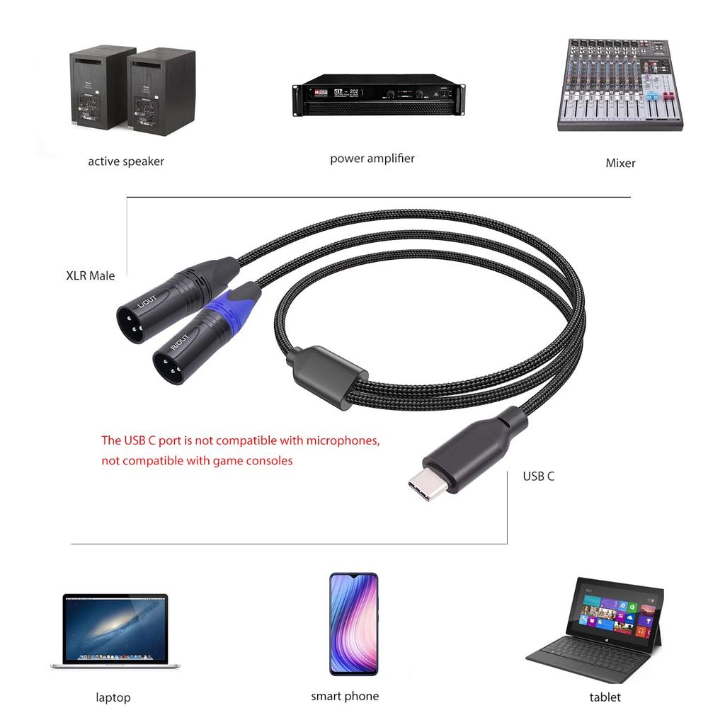 SZLliyxs USB C To Dual XLR Male Audio USB C To 2 XLR Male Stereo Power Amplifier Mobile Phone USB C Connect Active Power Amplifier Audio 3.3ft Cable,