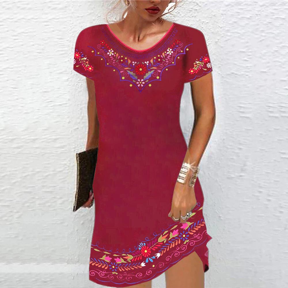 Этнический стиль Женское платье Лето Короткий рукав Круглый вырез Длина до колена Платье-трапеция с принтом Уличный повседневный Свободный Инди Фолк Сарафан