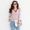 Spring and Autumn New Loose Striped T-shirt with Fat Plus Large Size V-neck Long Sleeve Base Shirt 200kg Fat Mm Outer Wear Top
