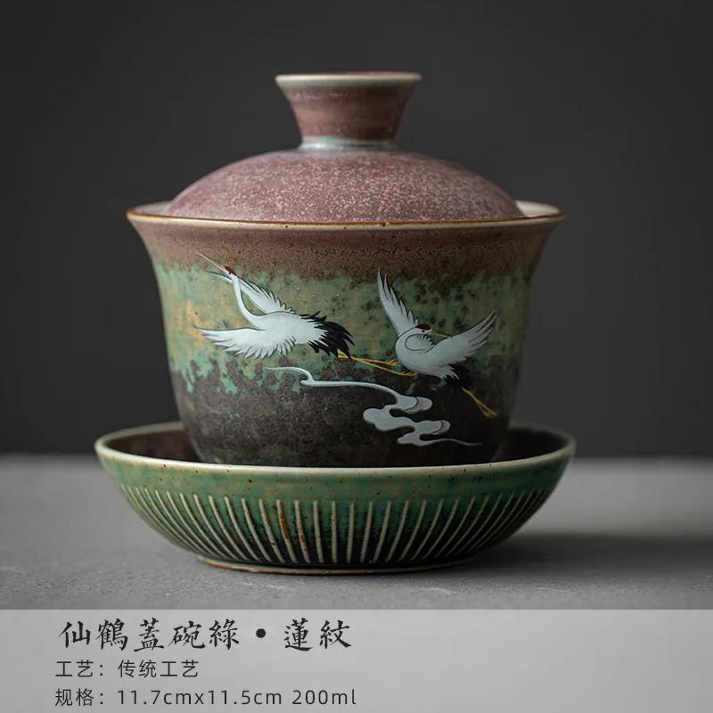 Большая керамическая чаша для чая с защитой от ожогов в стиле ретро с крышкой, одна чаша для чая Sancai Gaiwan, чаша с блестящей крышкой для крана с ручной росписью
