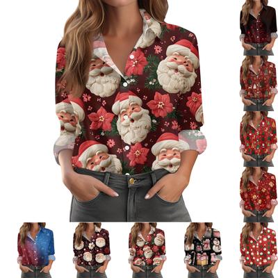 Женская повседневная рубашка с рождественским принтом, полуоткрытым воротником и длинными рукавами