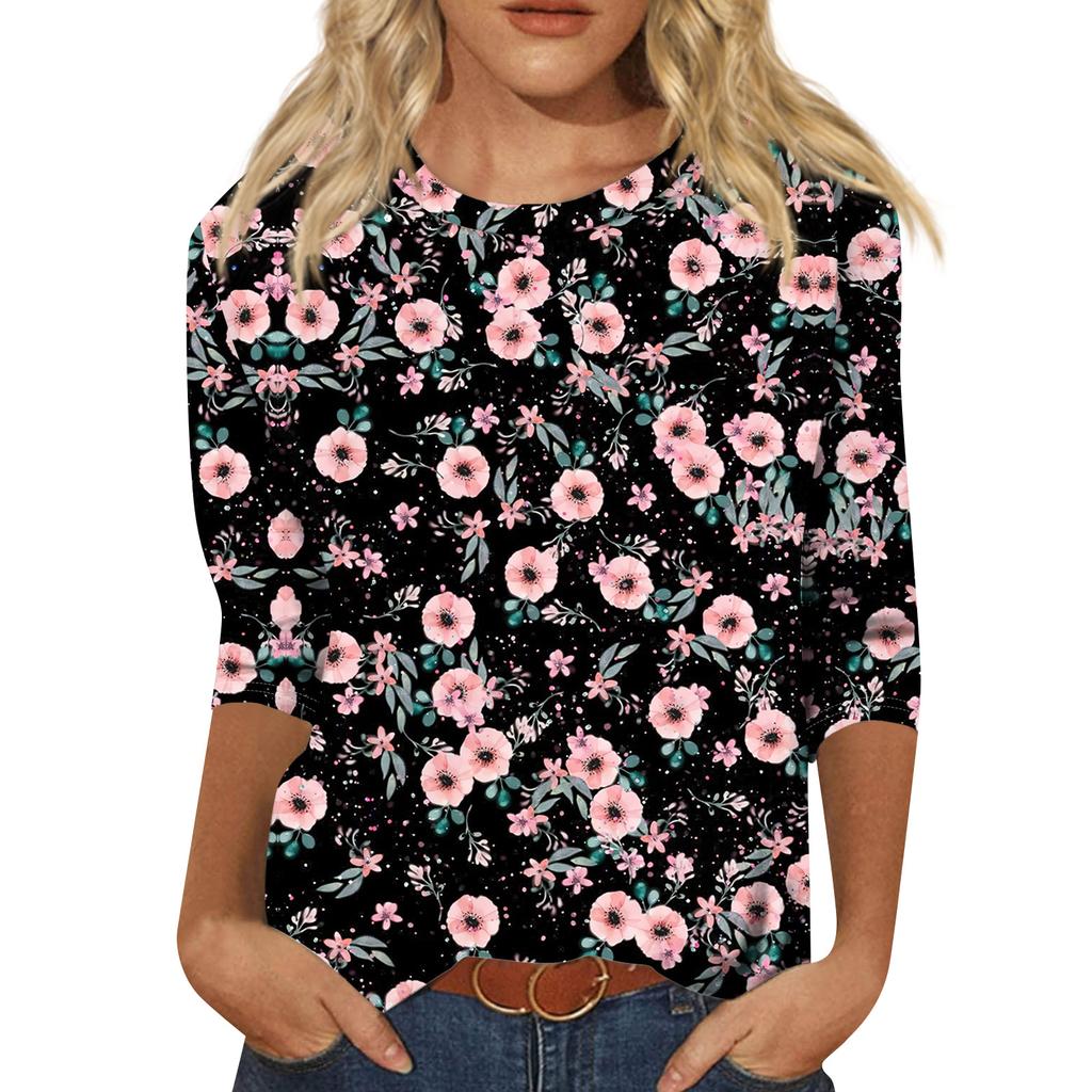 Women's Fashion Casual Round Neck 3/4 Sleeve Loose Printed T-Shirt Ladies Top