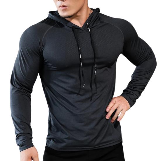 Men Sport Top Drawstring Hooded Long Sleeve Slim Fit Soft Breathable High Elasticity Quick Dry Hollow Mesh Jogging Training Summer Spring Sweatshirt