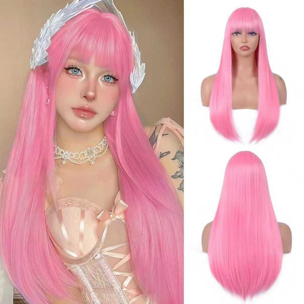 Live Stream Popular Long Straight Wig With Full Bangs Heat Resistant Synthetic Hair Face Framing Design for Women