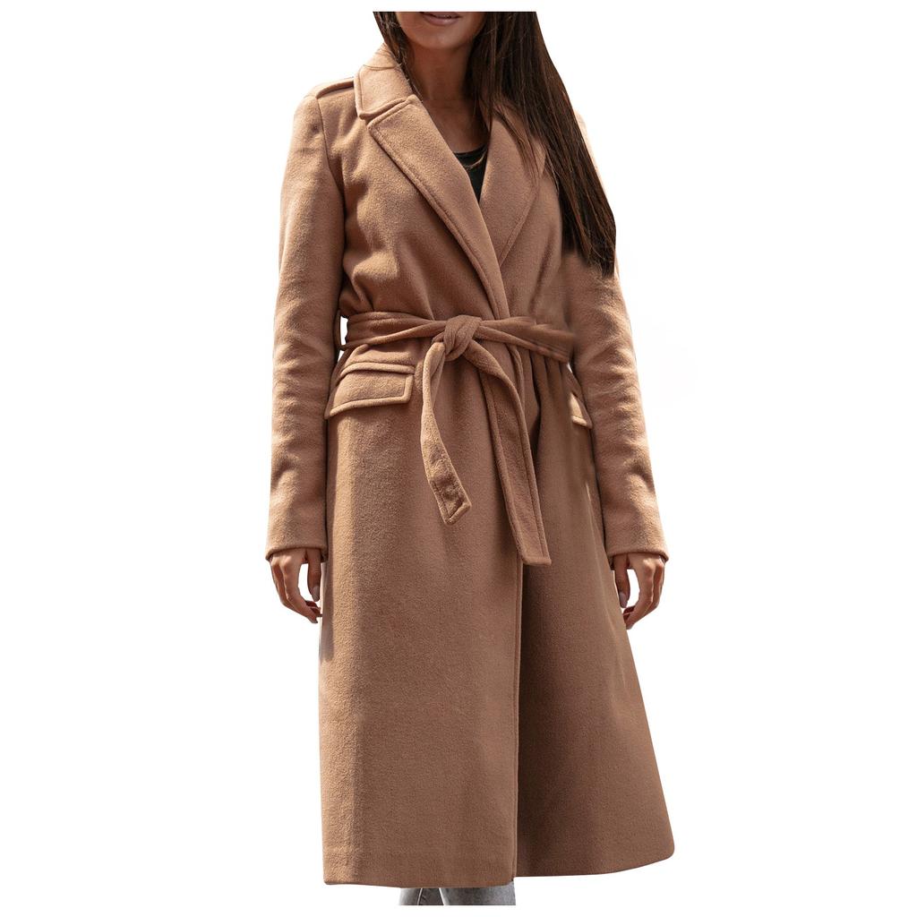 Women's Fashion Warm Winter Long Sleeve Solid V-neck Bandage Wool Coat
