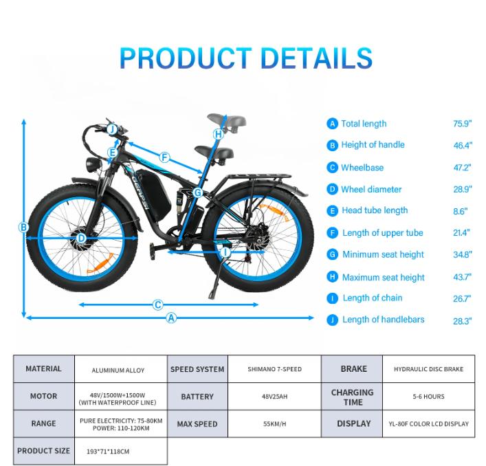 Ebike BLJ DP-2603 3000W Dual Motor 48V 25AH Battery, Front and Rear Shock Absorption, 26-inch Snow Tires, Adult E-Bicycle.