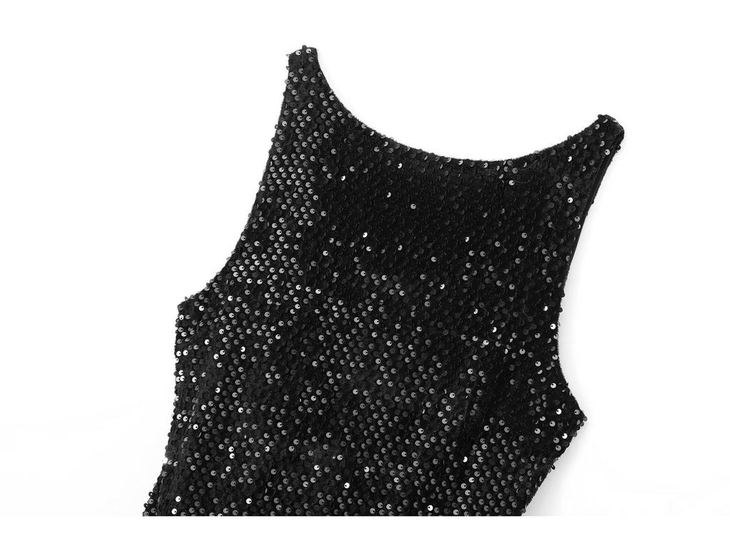 Y2K Winter Black Sequin Mini Dress with Shoulder Pads - Sleeveless Evening Wear