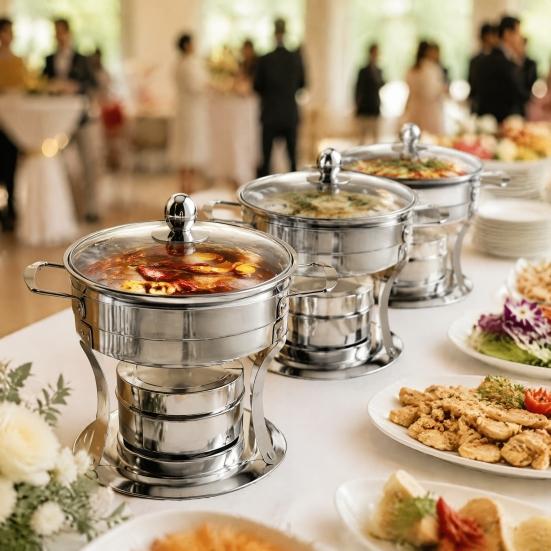 Stainless Steel Thermal Bowl Chafers And Warmers Set with Glass Lid, Round Compact Portable Kitchenware for Travel Serving Bowl, Catering Warmer