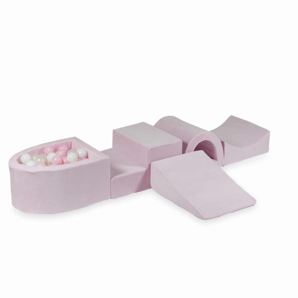 Foam playground with bridge and pool micro Velvet Soft Light Pink + 100 balls: white, light pink, opalescent