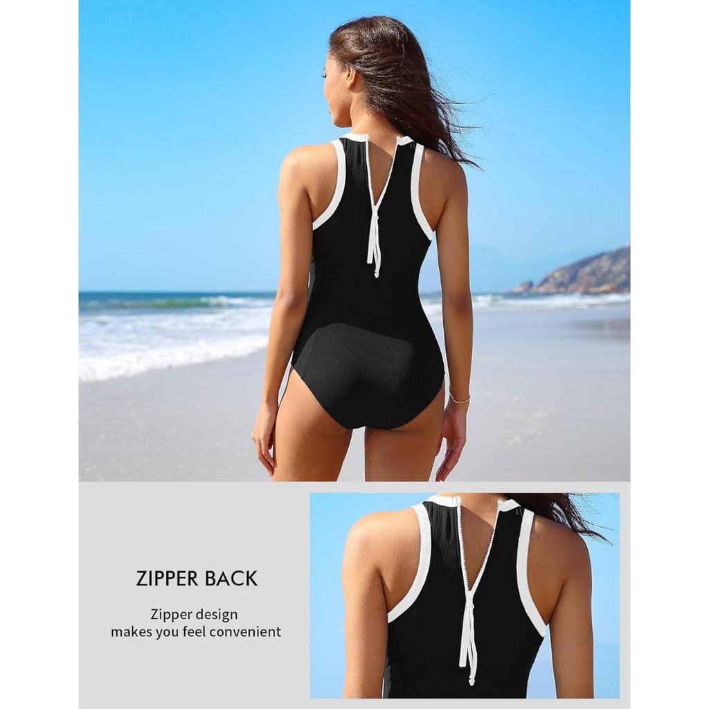 CHARMLEAKS Women One Piece Swimsuit Zipper Back Ribbed Swimwear Sporty Racerback High Neck Bathing Suit