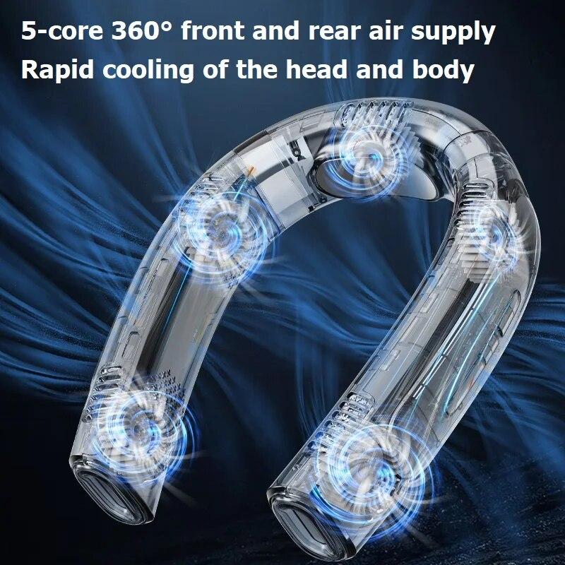 Новый портативный охлаждающий вентилятор с пятиядерным двигателем, летний шейный вентилятор, 6000 мАч, USB перезаряжаемый, 360°, бесшумный безлопастный вентилятор с объемным ветром