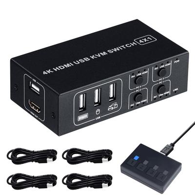 Переключатель KVM ELEVIEW 4K HDMI USB-переключатель 4 порта 4 Share Простое подключение Драйвер не требуется Ручной переключатель USB-кабель в комплекте (для ПК) 4K@60Гц HDMI2.0
