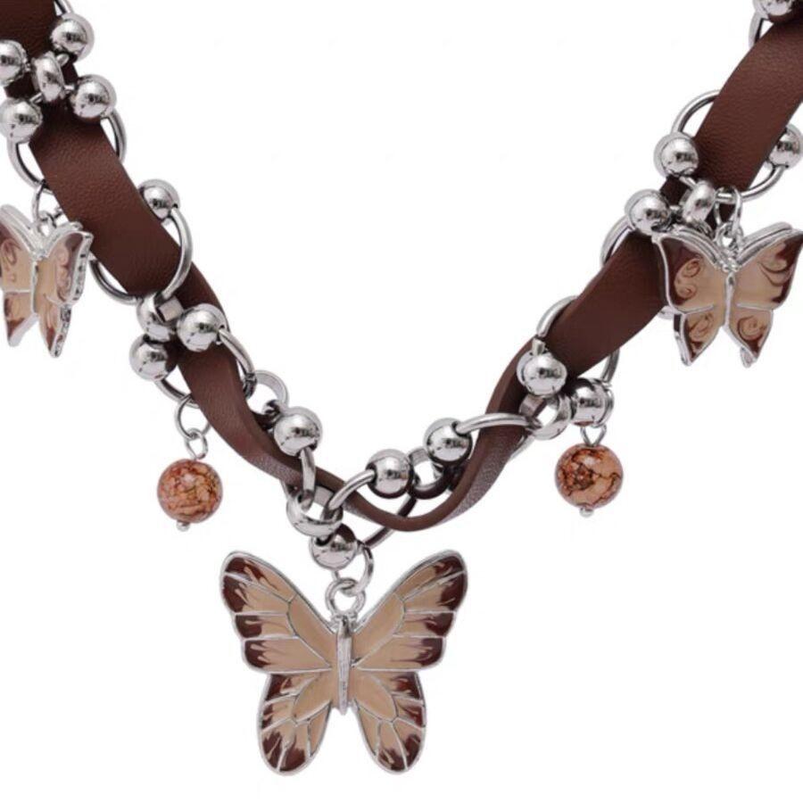 Американское ожерелье Spice Girl Butterfly Maillard Brown Vintage Choker Neck Ring Niche Premium Sense Leather Collarbone Chain