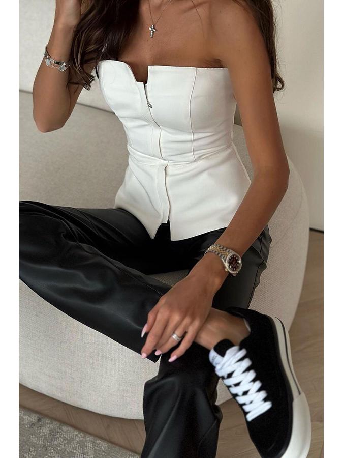 2024 Европейский и американский топ с открытым плечом, облегающего кроя – Весенне-летняя мода с разноцветной молнией