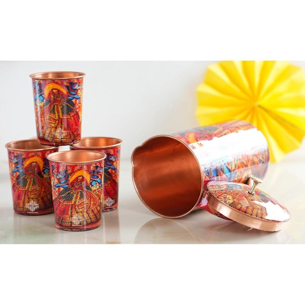 Meena Padharo Mhare Desh Theme Copper Gift Set of 1 Jug & 4 Glass - Perfect for Home, Office, and Gifting, Jug-1.5 Litre & Glass-270 ML Each