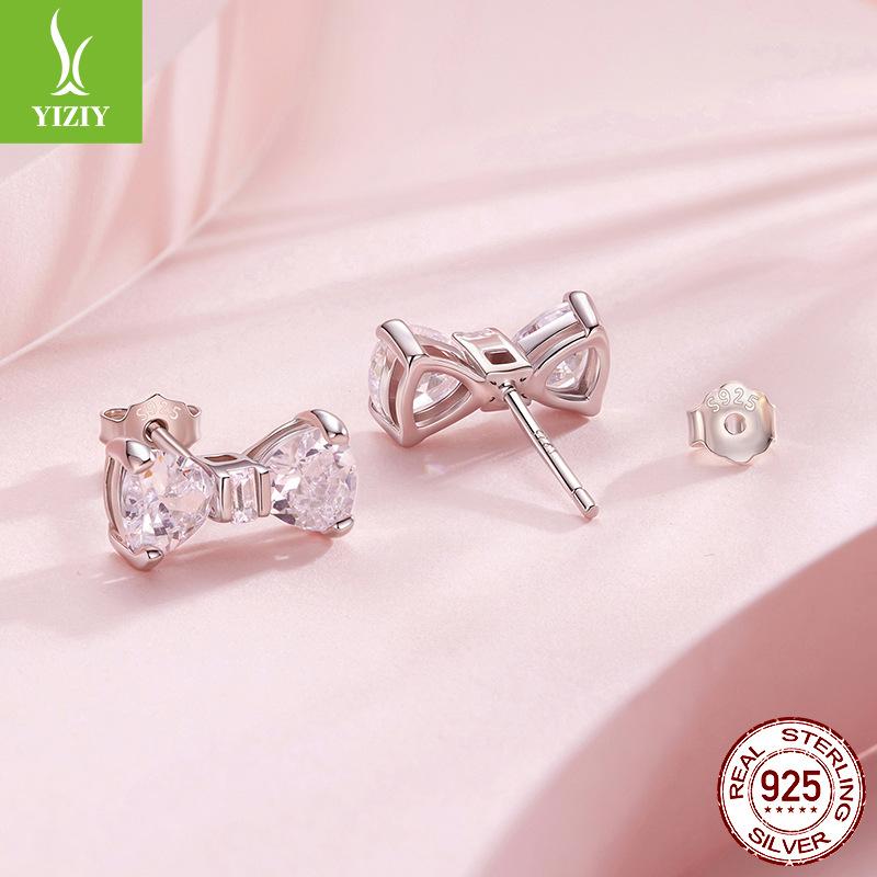 Bow S925 Sterling Silver Stud Earrings For Women, Shining Luxury Zircon Simple Stud Earrings.