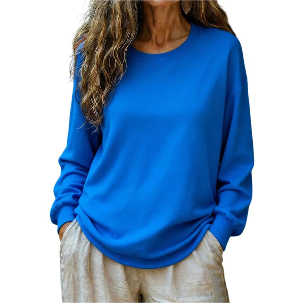 Женский модный и повседневный свободный однотонный пуловер с длинными рукавами и круглым вырезом