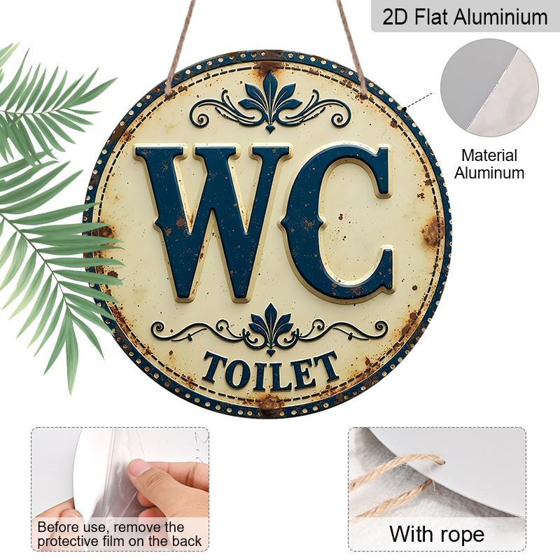 Плоский 2D, 1 шт. Винтажная Круглая Металлическая Табличка WC TOILET, Ретро Сине-Белая Декоративная Табличка с Рустикальным Узором, Забавная Настенная Картина для Ванной Комнаты Туалета, Идеально