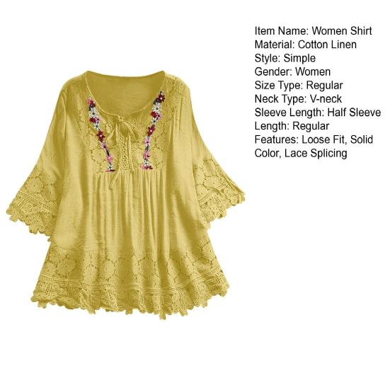 Women Shirt V-neck Lace-up Half Sleeve Pullover Tops Solid Color Loose Fit Embroidery Lace Flower Splicing Shirt