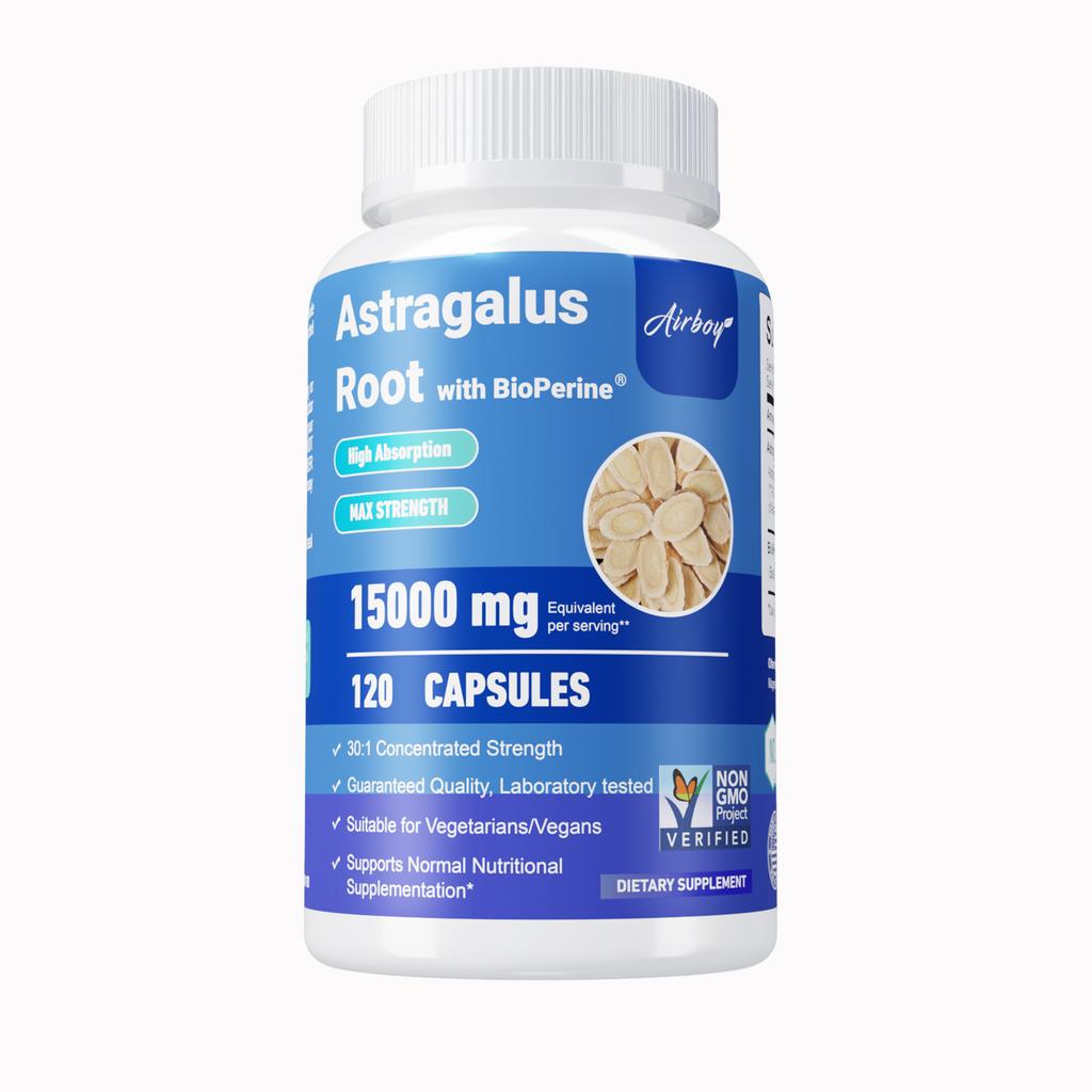Astragalus capsules, 15,000 mg per serving, contain black pepper extract, suitable for both men and women.
