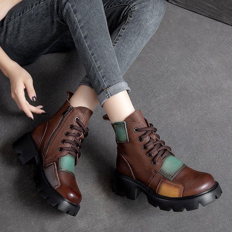 Thick-heeled Boots Women's Spring and Autumn Soft Leather Color Short Boots High-heeled Waterproof Platform Retro Single Boot
