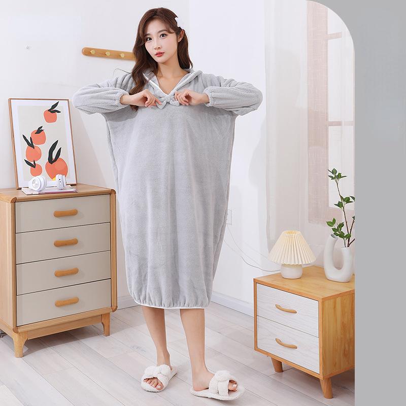 Весенне-осенние длинные домашние халаты для женщин, можно носить впитывающие банные полотенца, коралловые бархатные утолщенные бытовые банные юбки с длинными рукавами и капюшоном