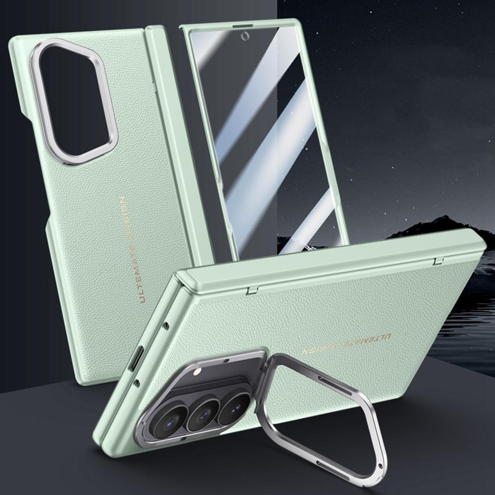 For Samsung Galaxy Z Fold7 5G Case Leather+PC Phone Cover with HD Tempered Glass Film,Lens Kickstand