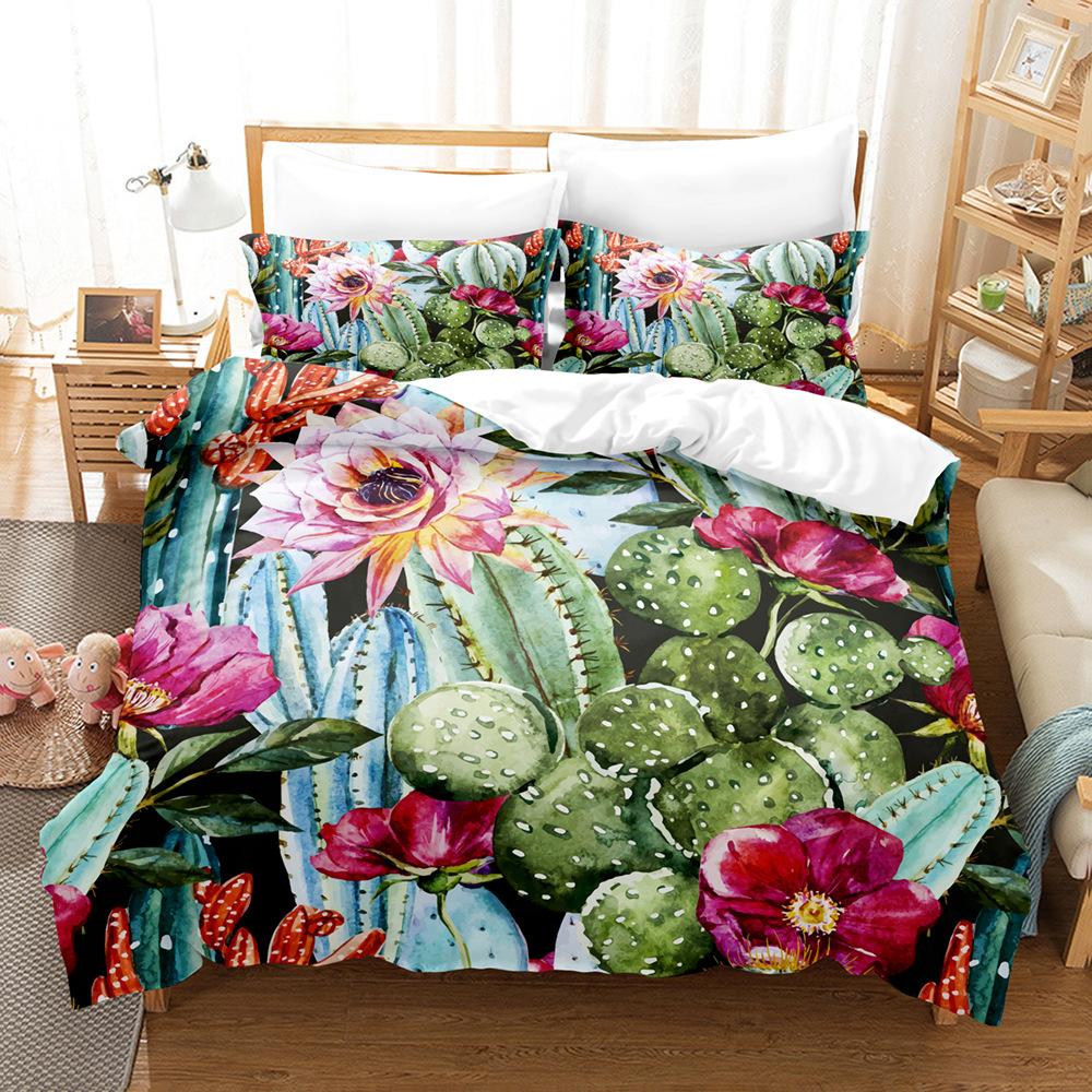 3D Digital Printing Quilt Cover Tropical Plant Green Leaf Flower Three-Piece Set Abrasive Bedding