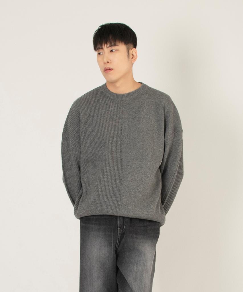 SALON DE SEOUL Unisex Half Reversible Pattern Round Oversized Wool Knit - Gray