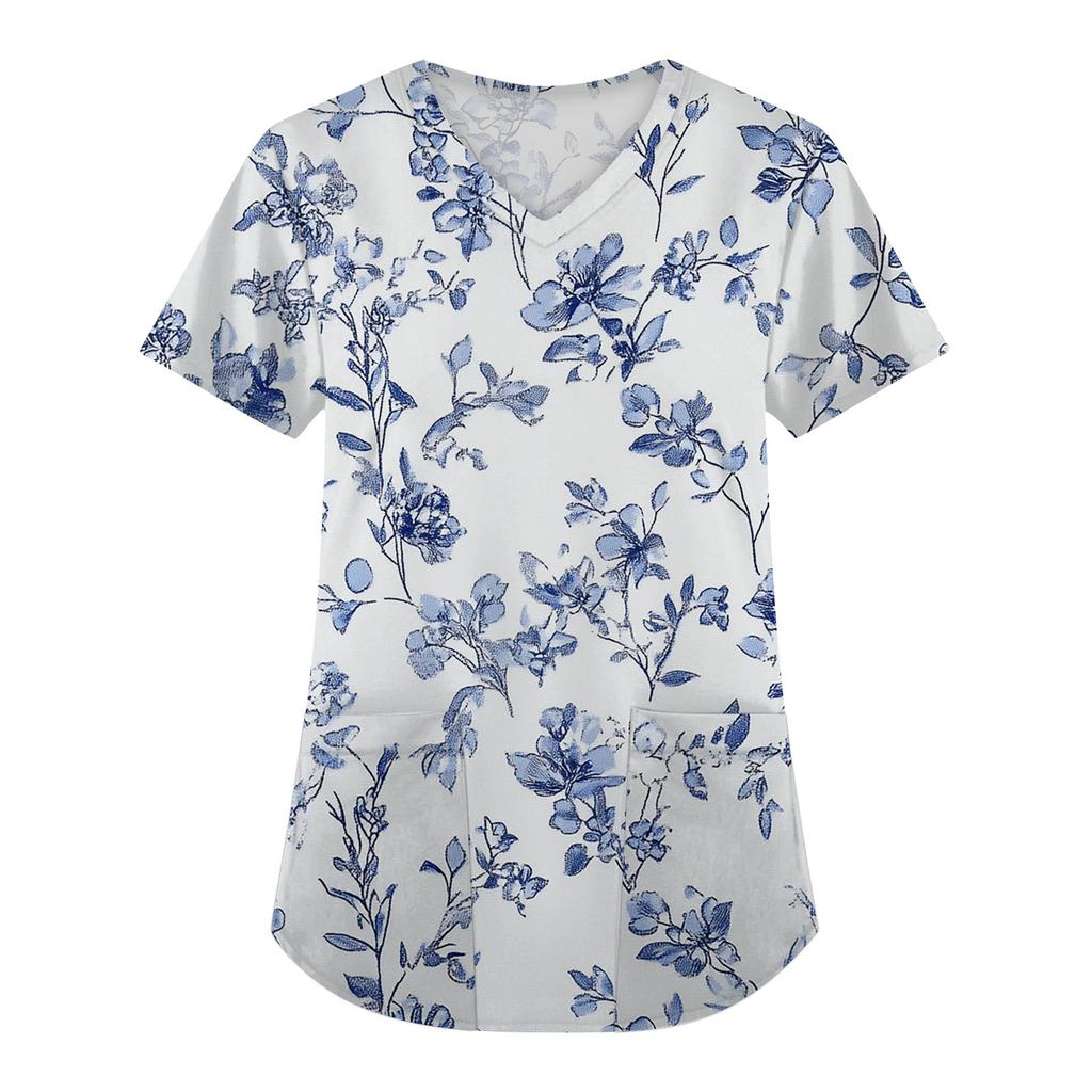 Женская мода с коротким рукавом и V-образным вырезом с карманами и цветочным принтом Топы Одежда