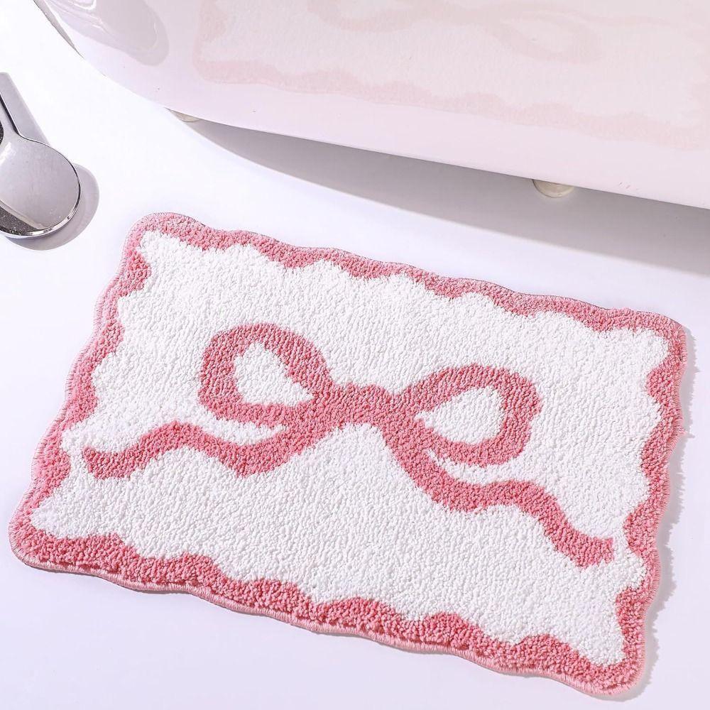Pink Blue Preppy Scalloped Rug Bow Decor Girly Shower Rug for Bedroom Kitchen Bathroom Floor